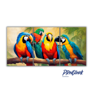 Tríptico decorativo de guacamayas coloridas MDF