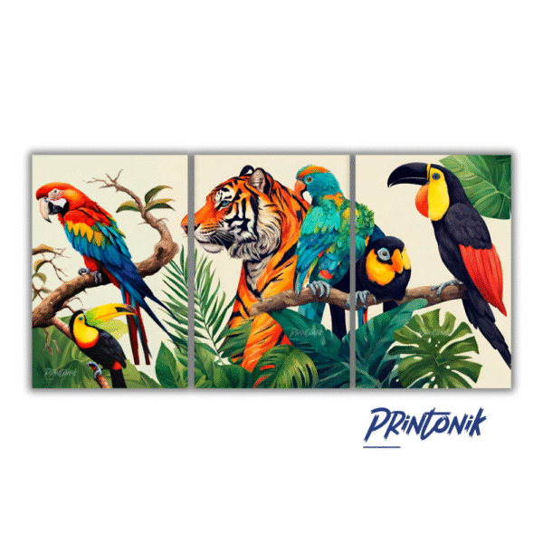 Retablo tríptico de tigre y aves tropicales MDF