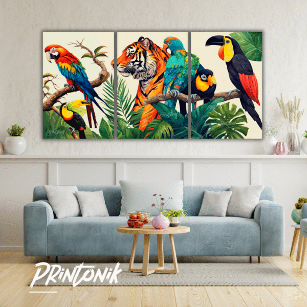Retablo tríptico de tigre y aves tropicales MDF - Image 2